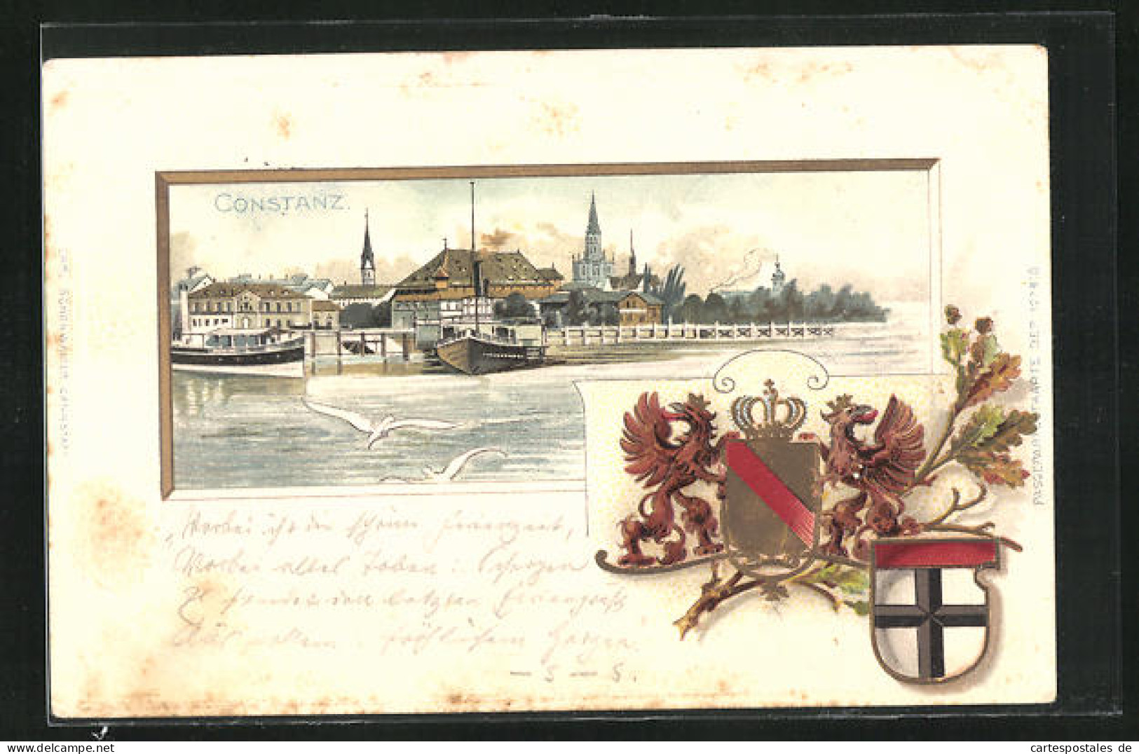 Passepartout-Lithographie Constanz / Bodensee, Blick Auf Ort Und Hafen, Wappen  - Other & Unclassified