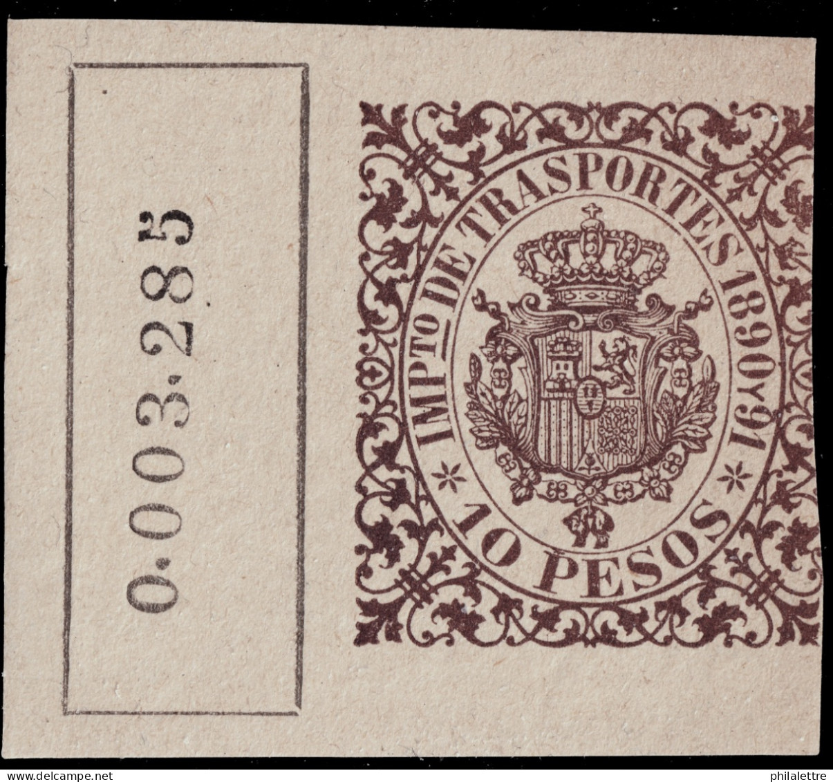 ESPAGNE / ESPANA - COLONIAS (Cuba) 1890/91 "IMPto De TRASPORTES" Fulcher 1362 10P Marron Oscuro - Nuevo** (0.003.285) - Cuba (1874-1898)