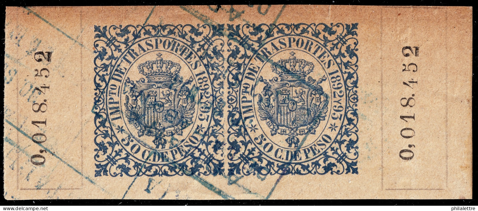ESPAGNE / ESPANA - COLONIAS (Cuba) 1892/93 "IMPto De TRASPORTES" Fulcher 1366 (?) 2x 50c Azul - Usado (0.018.452) - Kuba (1874-1898)