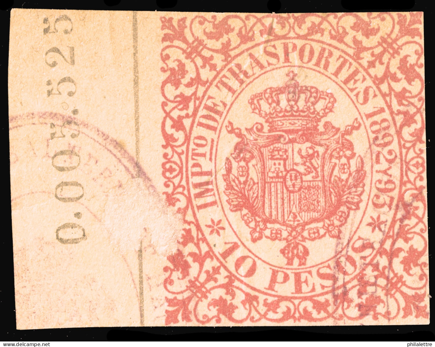 ESPAGNE / ESPANA - COLONIAS (Cuba) 1892/93 "IMPto De TRASPORTES" Fulcher 1369 10P Carmino - Usado (0.005.525) - Cuba (1874-1898)