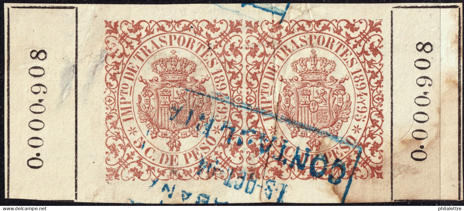 ESPAGNE / ESPANA - COLONIAS (Cuba) 1894/95 "IMPto De TRASPORTES" Fulcher 1371 2x 5c Castaño Claro - Usado (0.000.908) - Cuba (1874-1898)