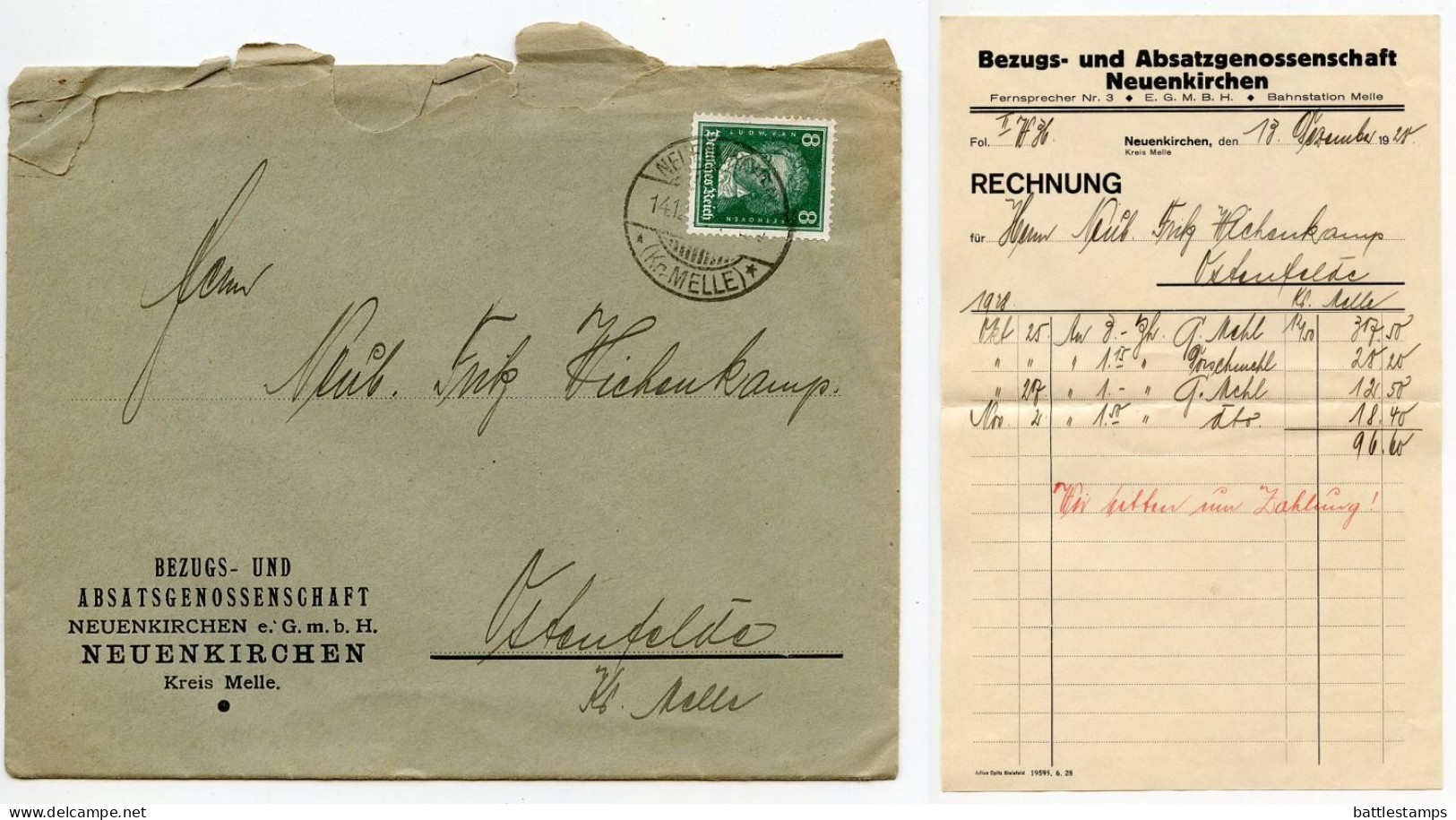 Germany 1928 Cover & Invoice; Neuenkirchen (Kr. Melle) - Bezugs- Und Absatsgenossenschaft; 8pf. Beethoven - Storia Postale