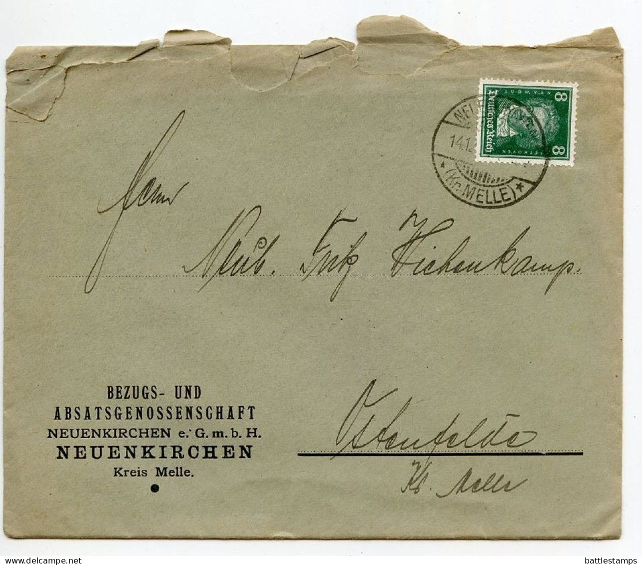 Germany 1928 Cover & Invoice; Neuenkirchen (Kr. Melle) - Bezugs- Und Absatsgenossenschaft; 8pf. Beethoven - Briefe U. Dokumente