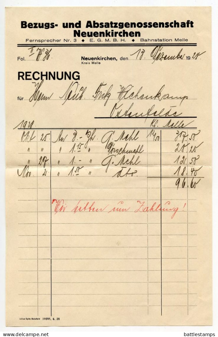 Germany 1928 Cover & Invoice; Neuenkirchen (Kr. Melle) - Bezugs- Und Absatsgenossenschaft; 8pf. Beethoven - Briefe U. Dokumente