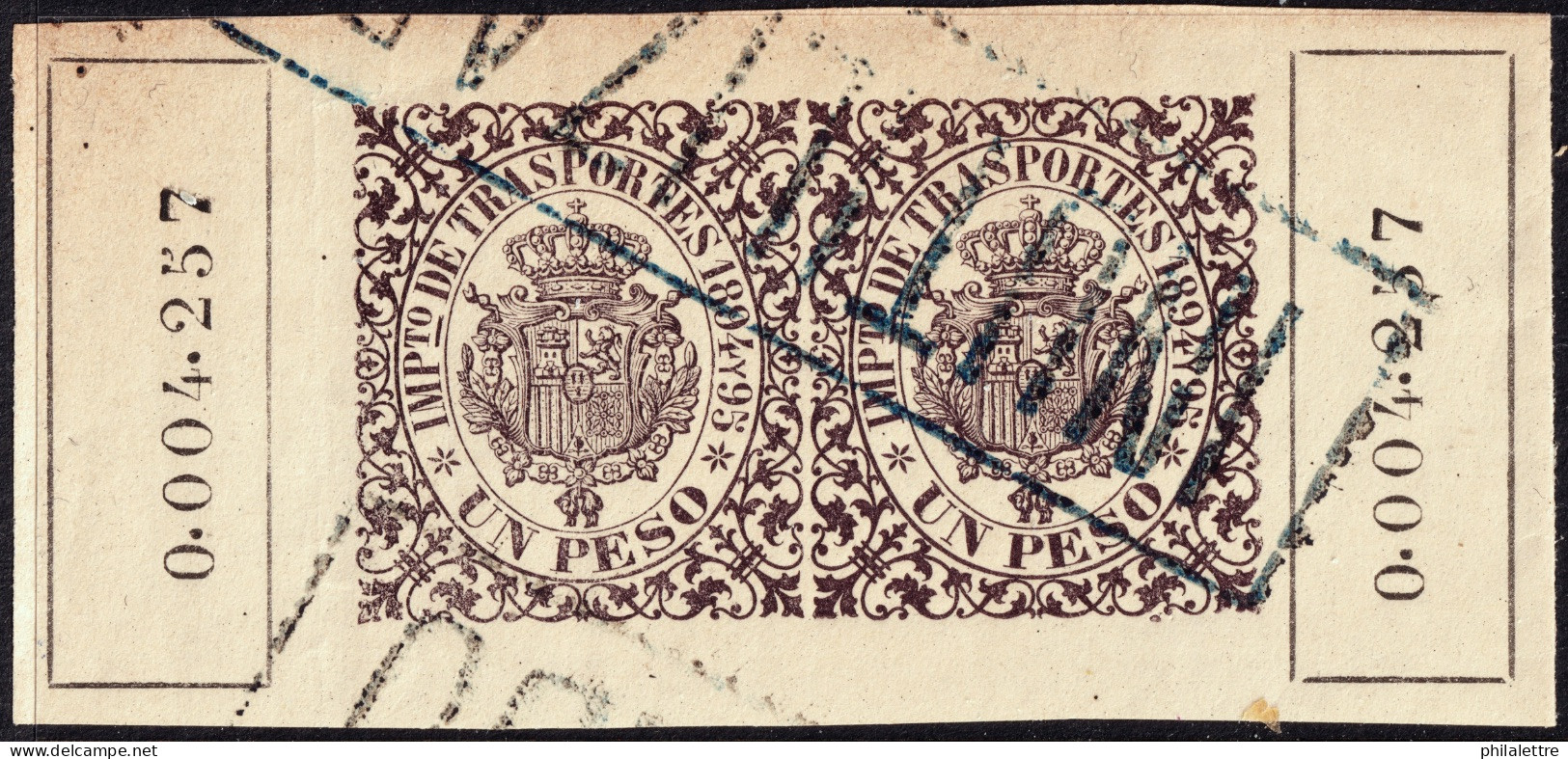 ESPAGNE / ESPANA - COLONIAS (Cuba) 1894/95 "IMPto De TRASPORTES" Fulcher 1374 2x 1Peso INUTILIZADO Con Goma (0.004.257) - Cuba (1874-1898)