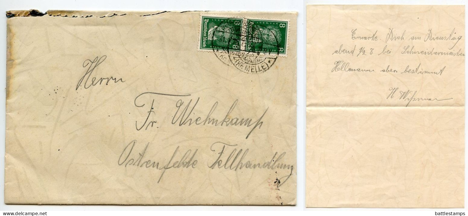 Germany 1928 Cover & Letter; Neuenkirchen (Kr. Melle) To Ostenfelde; 8pf. Beethoven, Pair - Storia Postale