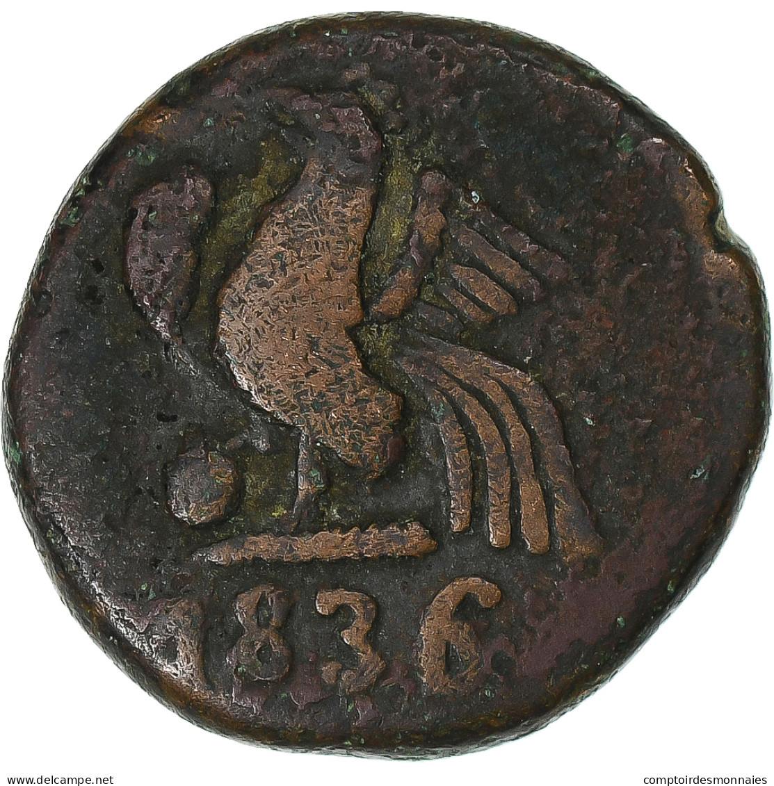 Inde Française , Doudou, 1836, Pondichéry, Coq, Bronze, TB+ - Other & Unclassified