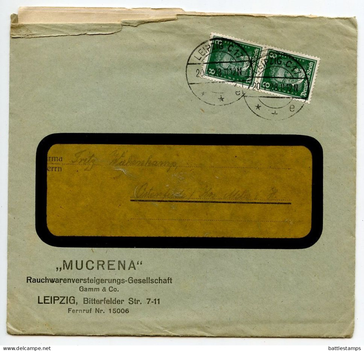 Germany 1928 Cover & Invoice; Leipzig - “Mucrena” Rauchwarenversteigerungs-Gesellschaft; 8pf. Beethoven, Pair - Cartas & Documentos
