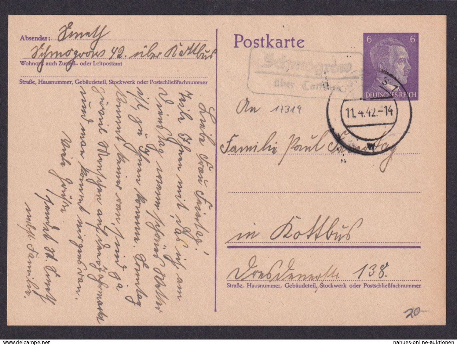 Schmogrow über Cottbus Brandenburg Deutsches Reich Ganzsache Landpoststempel - Covers & Documents