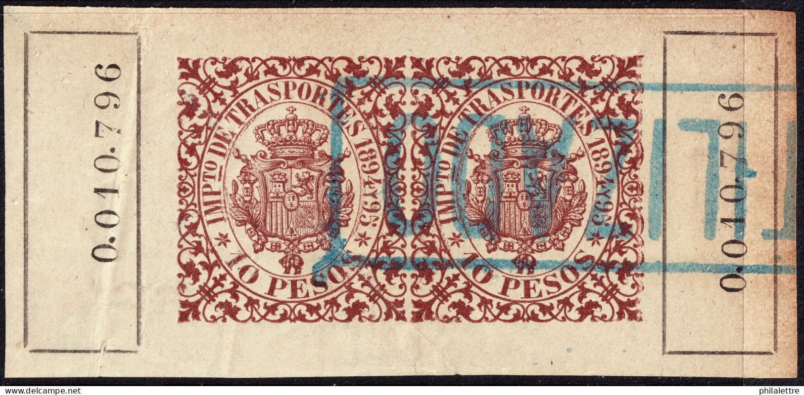 ESPAGNE / ESPANA - COLONIAS (Cuba) 1894/95 "IMPto De TRASPORTES" Fulcher 1375a 2x10Peso INUTILIZADO Con Goma (0.004.257) - Cuba (1874-1898)