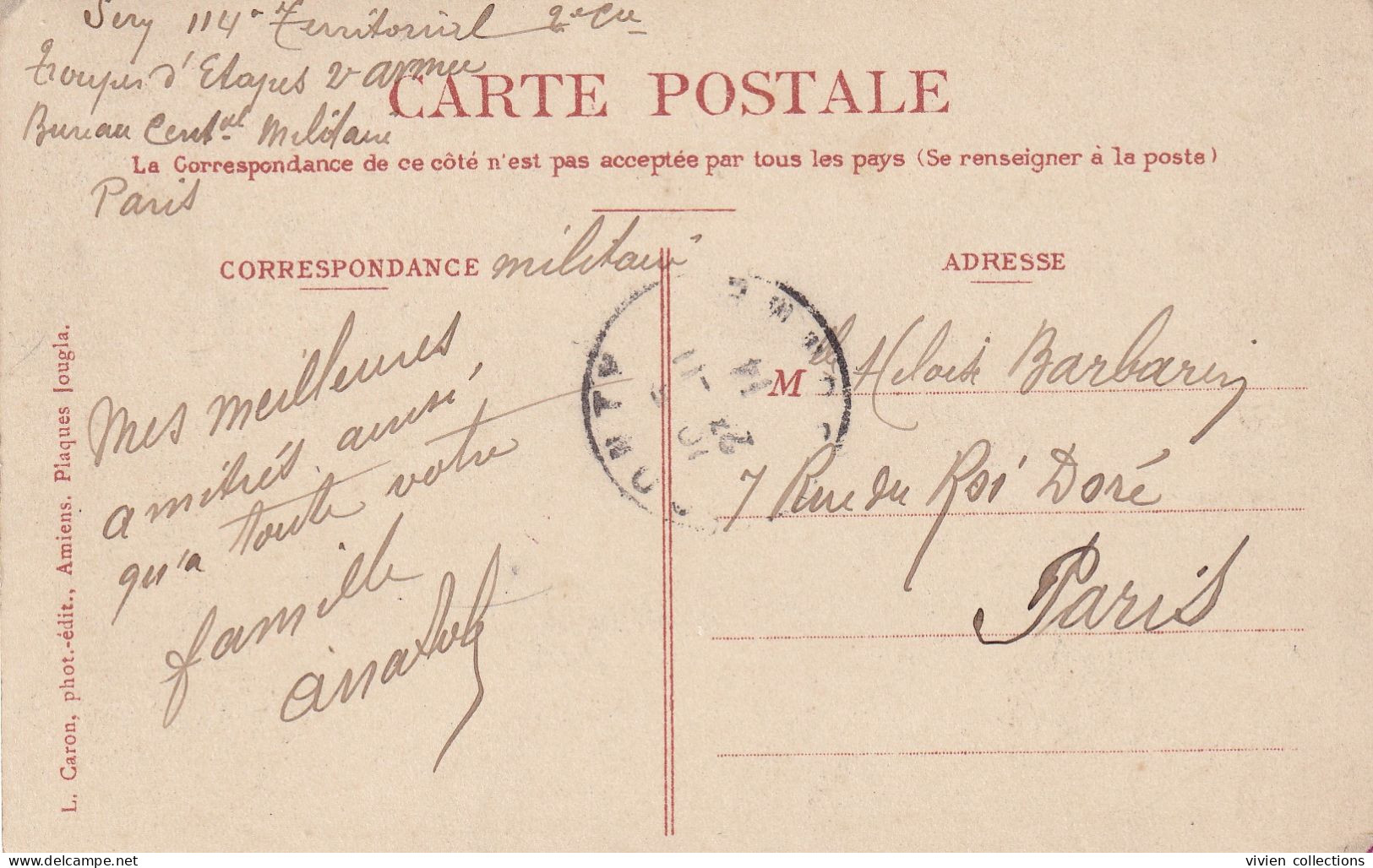 Belleuse (80 Somme) Entrée Grande Rue -Delacourt FM 1914 114e Ter 2e Comp Troupes D'étapes 2e Armée Bureau Central Paris - Altri & Non Classificati
