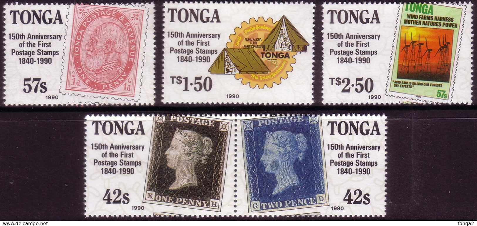 Tonga 1990 Stamp On Stamp Set Of 4 MNH - 1d Black, 2d Blue, Scout, Rotary - Tonga (1970-...)