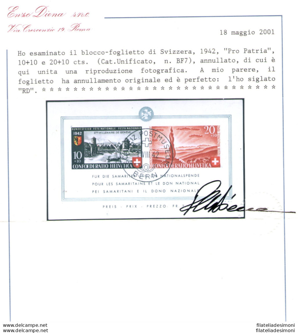 1942 SVIZZERA , BF N° 7 Pro Patria - Bimillenario Città Di Ginevra - Usato - Certificato Diena - Other & Unclassified