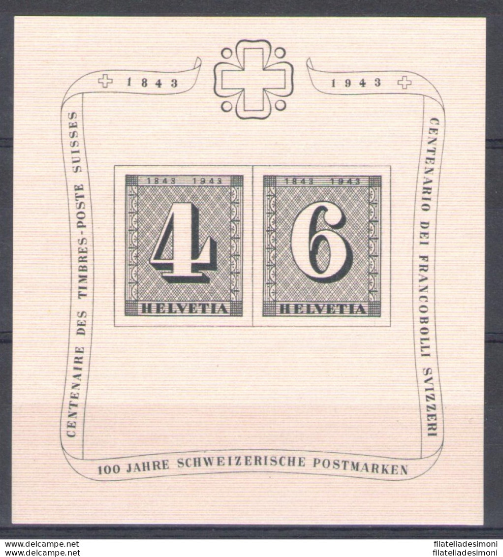 1943 SVIZZERA , BF N° 9 , Centenario Del Primo Francobollo Svizzero , MNH** - Altri & Non Classificati