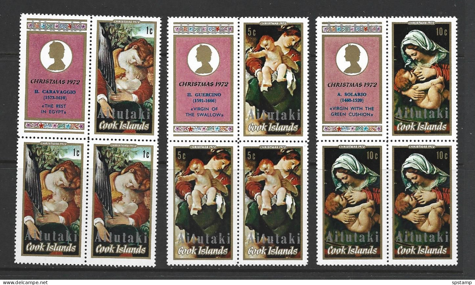 Aitutaki 1972 Christmas Set Of 3 In Blocks , 3 Sets Setenant With Label MNH - Aitutaki