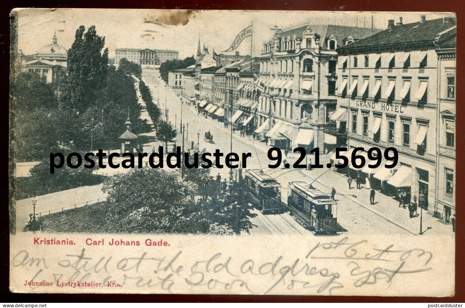NORWAY Kristiania Oslo Postcard 1907 Karl Johans Gade. Grand Hotel Trams (h3069) - Norvegia