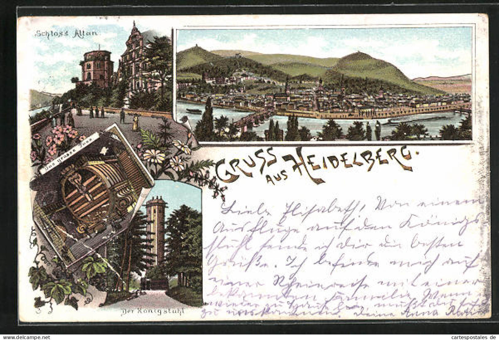 Lithographie Heidelberg, Schloss Altan, Das Grosse Fass, Der Königstuhl  - Heidelberg