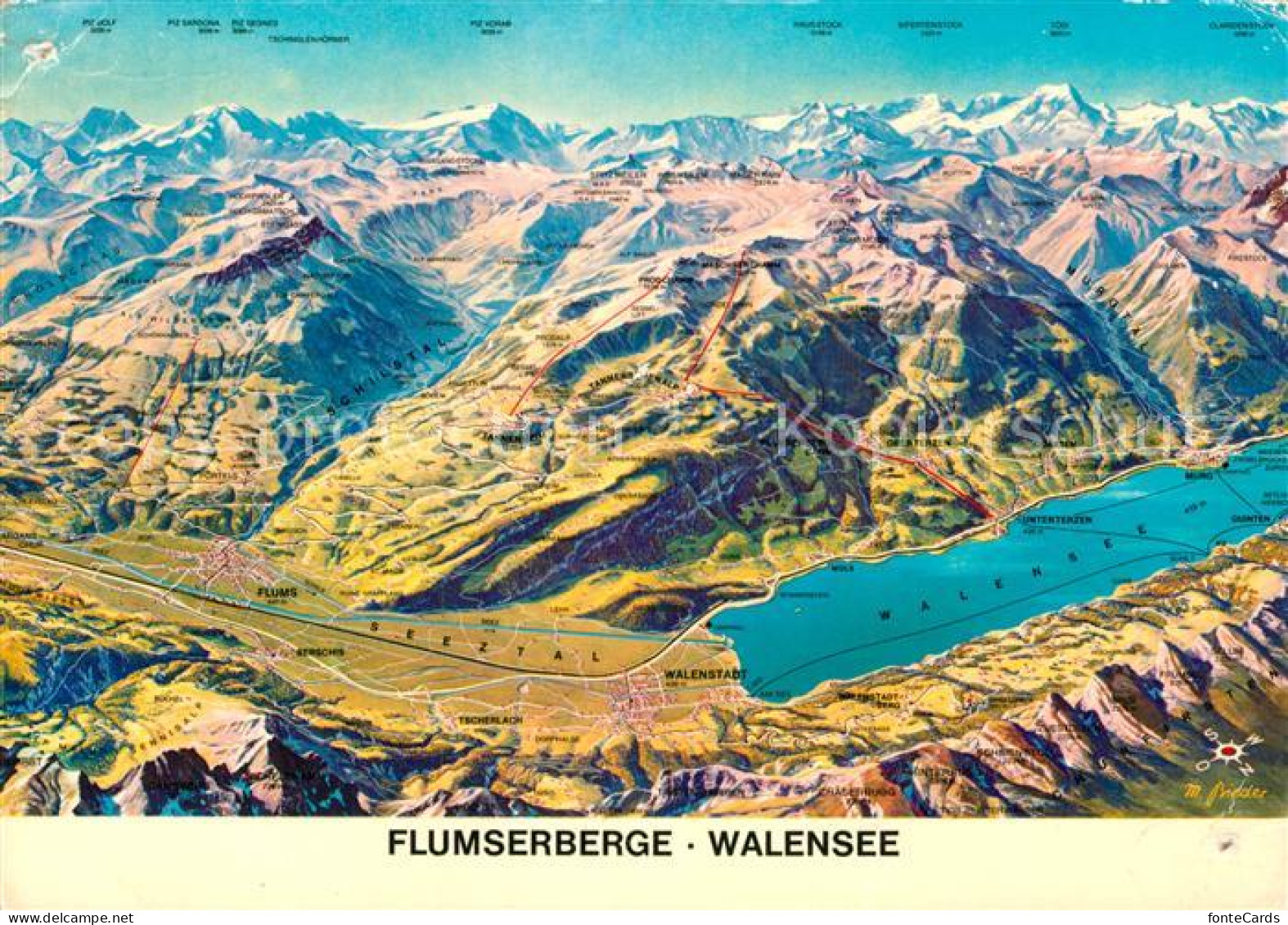12935216 Walensee Flumserberge Panoramakarte Walensee - Sonstige & Ohne Zuordnung