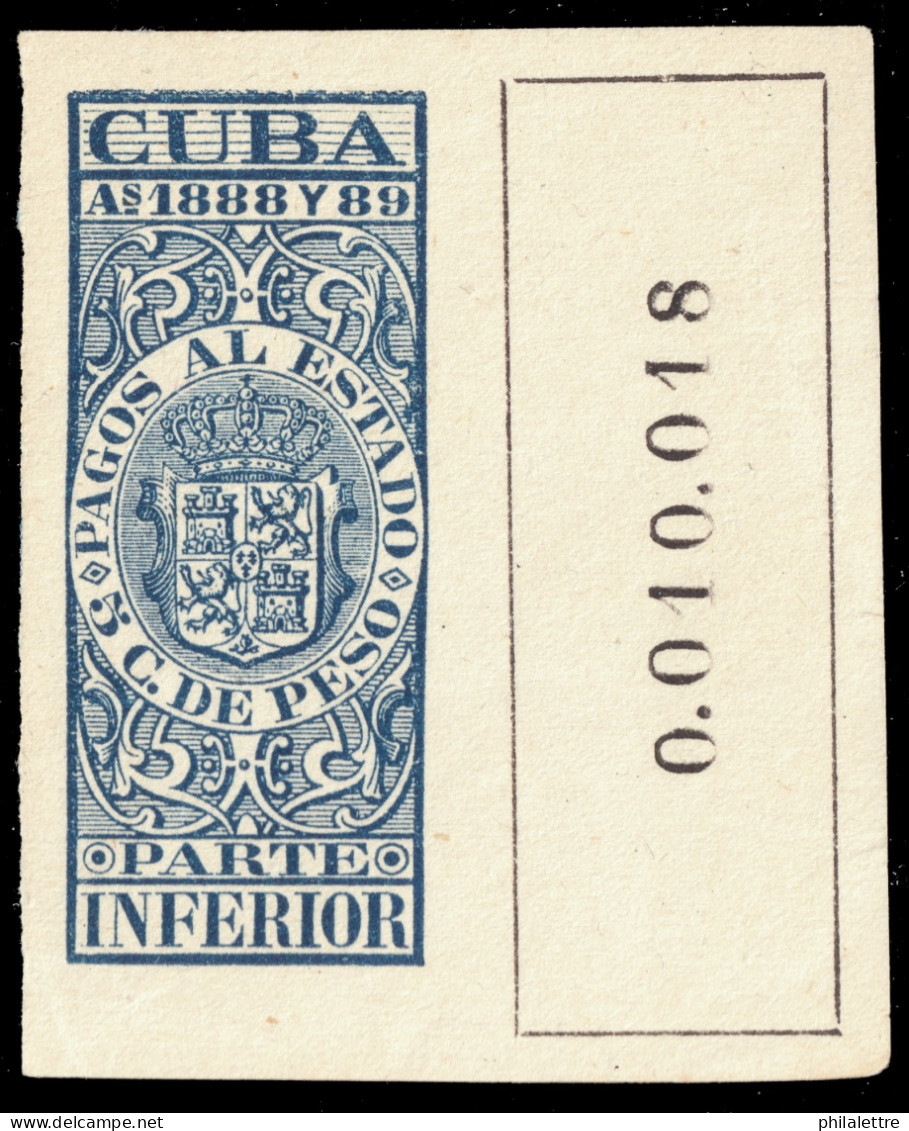 ESPAGNE / ESPANA - COLONIAS (Cuba) 1888/89 "PAGOS AL ESTADO" Fulcher 1092 5c P. Inferior Nuevo** (0.010.018) - Cuba (1874-1898)