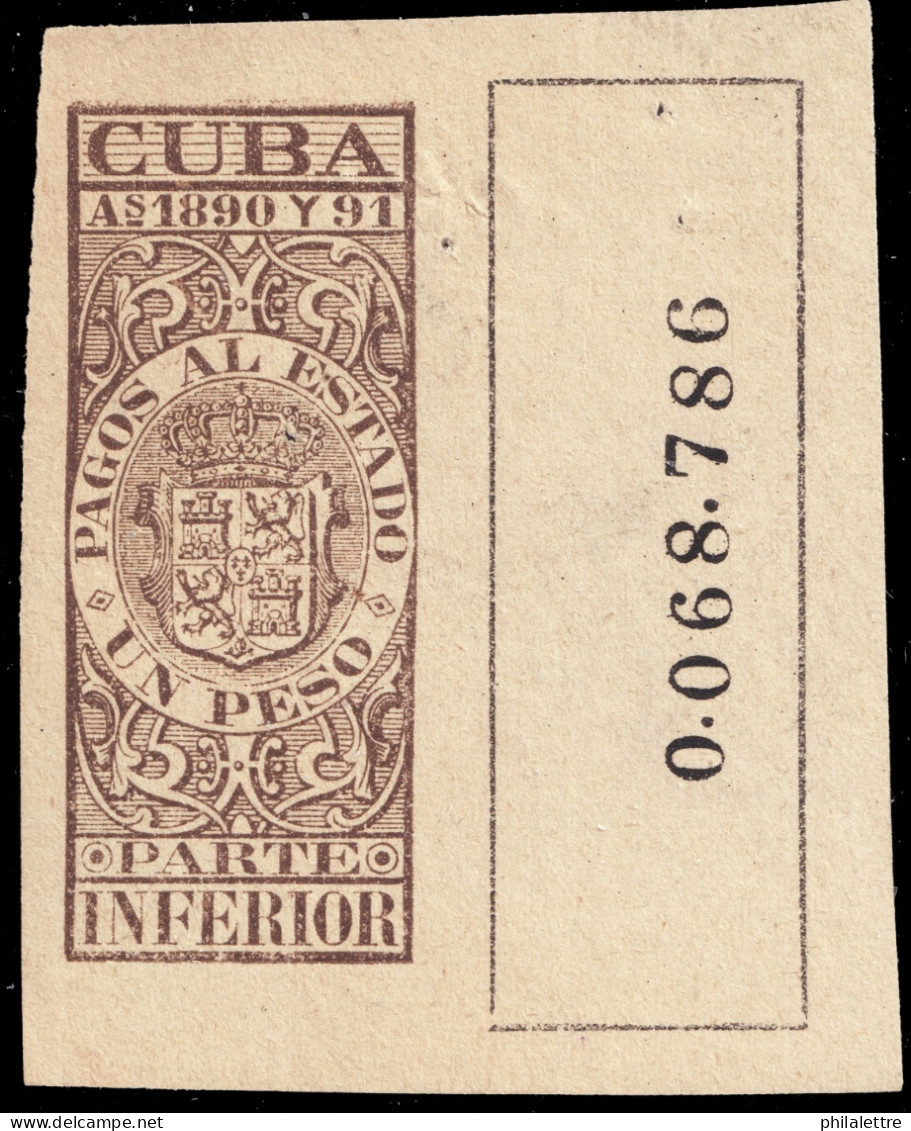 ESPAGNE / ESPANA - COLONIAS (Cuba) 1890/91 "PAGOS AL ESTADO" Fulcher 1108 1P Parte Inferior Sin Gomar (0.068.7861) - Kuba (1874-1898)