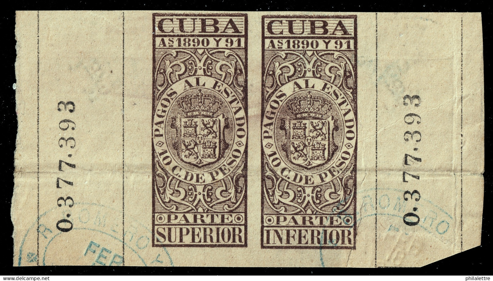 ESPAGNE / ESPANA - COLONIAS (Cuba) 1890/91 "PAGOS AL ESTADO" Fulcher 1100/1107 10c Sello Doble Usado (0.377.393) - Kuba (1874-1898)