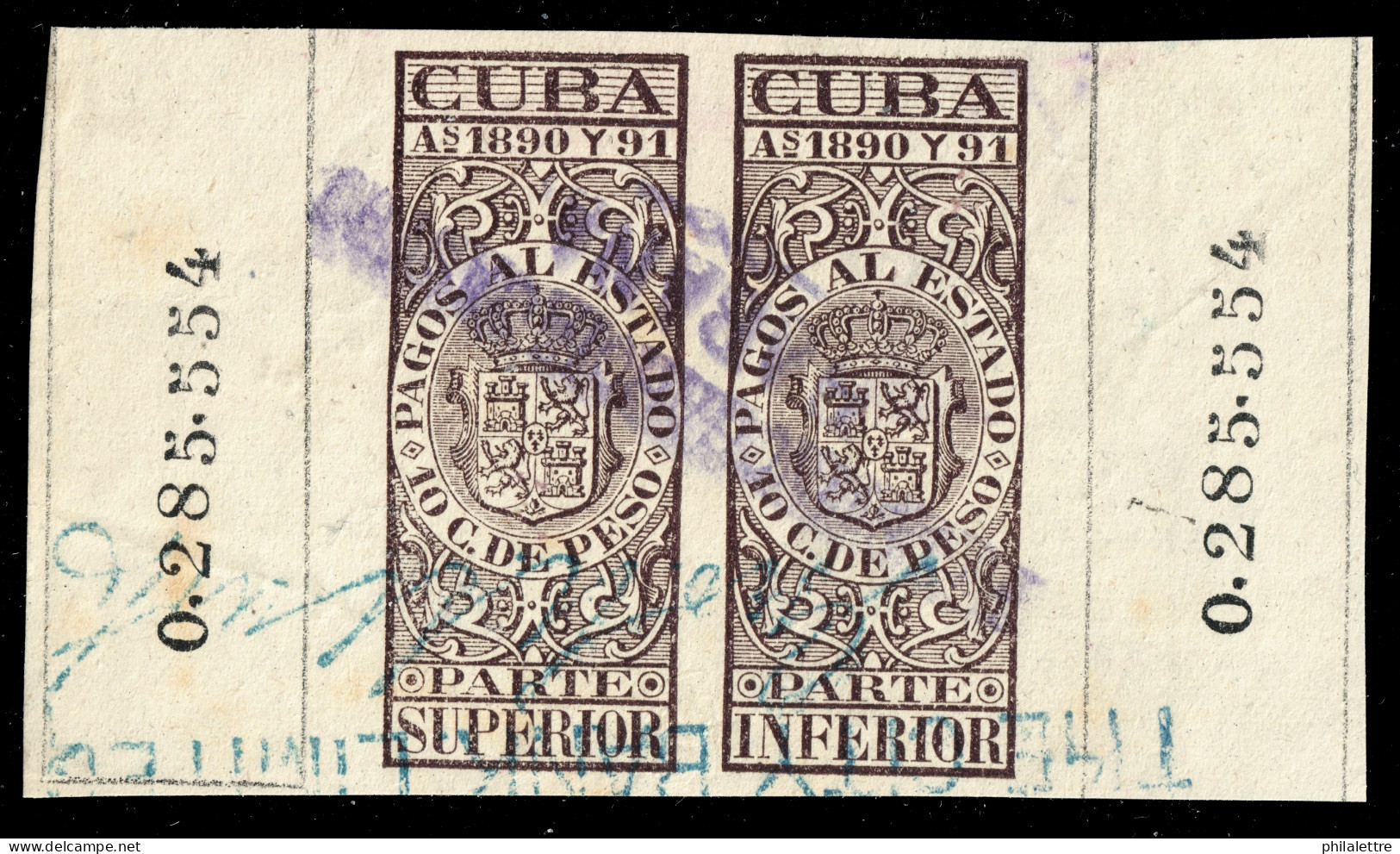ESPAGNE / ESPANA - COLONIAS (Cuba) 1890/91 "PAGOS AL ESTADO" Fulcher 1100/1107 10c Sello Doble Usado (0.285.554) - Kuba (1874-1898)