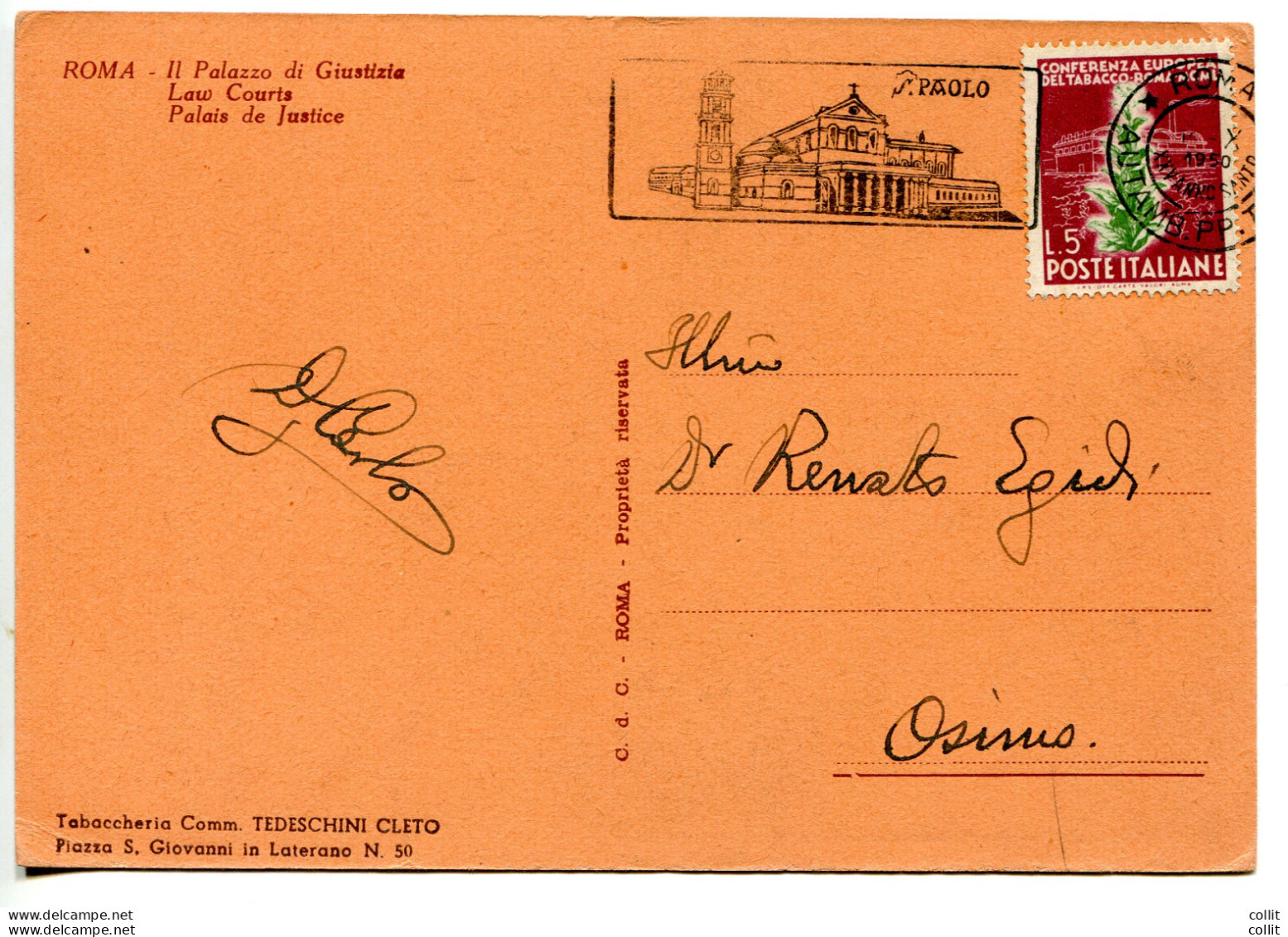 Tabacco Lire 5 Isolato Su Cartolina - 1946-60: Poststempel