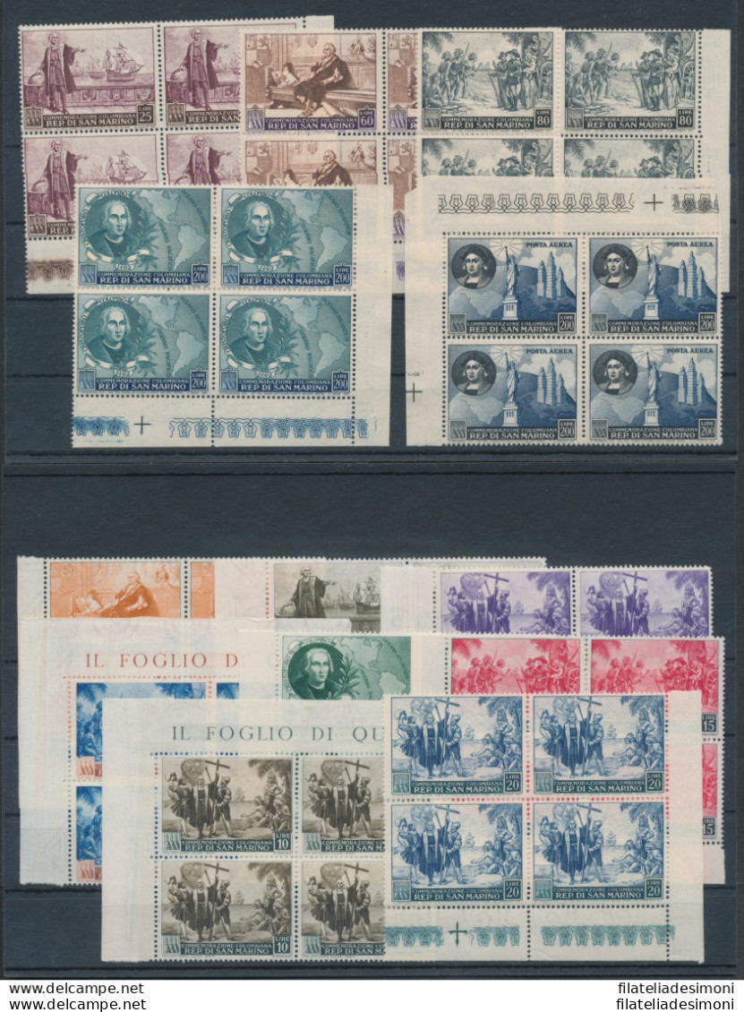 1952 San Marino, Serie Completa In Quartina , "Cristoforo Colombo" , N° 372/83 + Posta Aerea 101, Non Comune , MNH** - Otros & Sin Clasificación