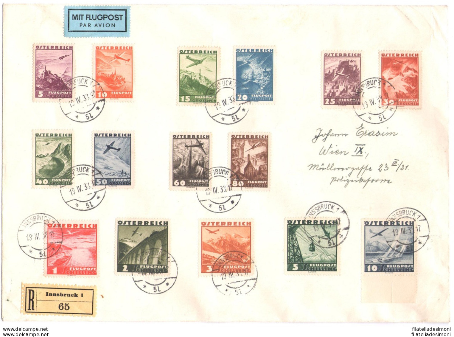 1935 AUSTRIA , Posta Aerea N° A32/A46 , Serie Completa Su Busta Raccomandata , Non Ci Sono Pieghe , Francobolli Perfett - Other & Unclassified