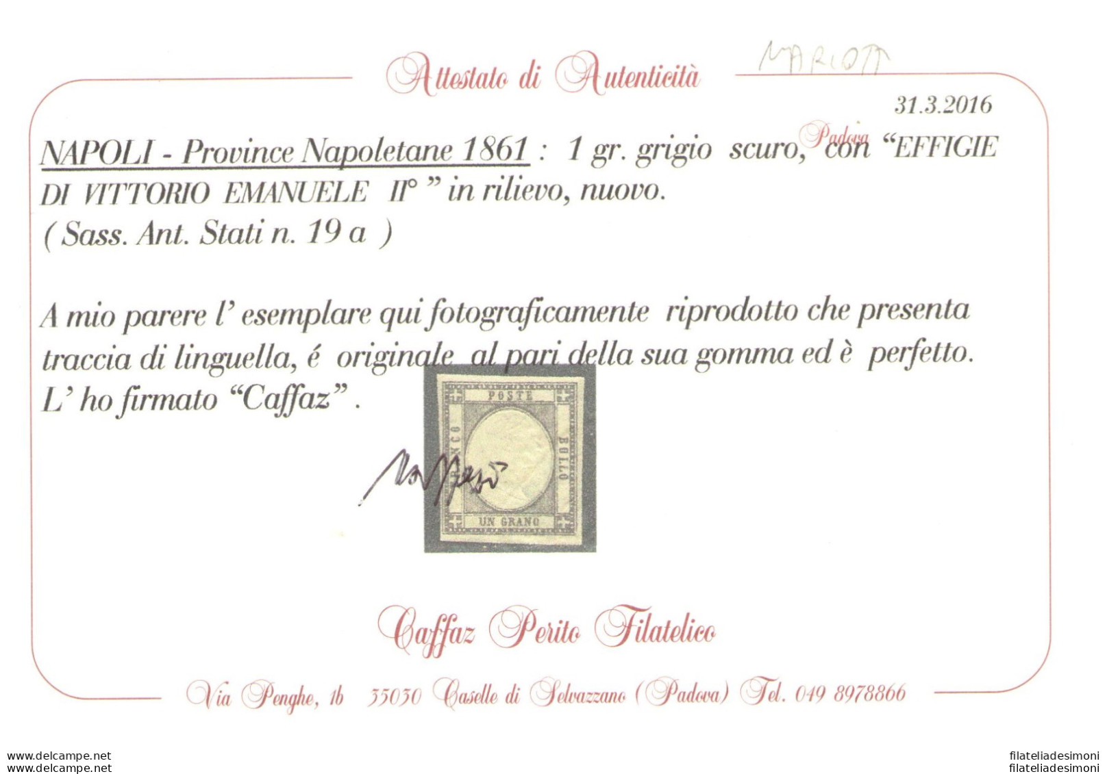 1861 NAPOLI-Province Napoletane , N° 19a , 1 Grana Grigio Scuro , MLH* - Certificato Caffaz - Nápoles