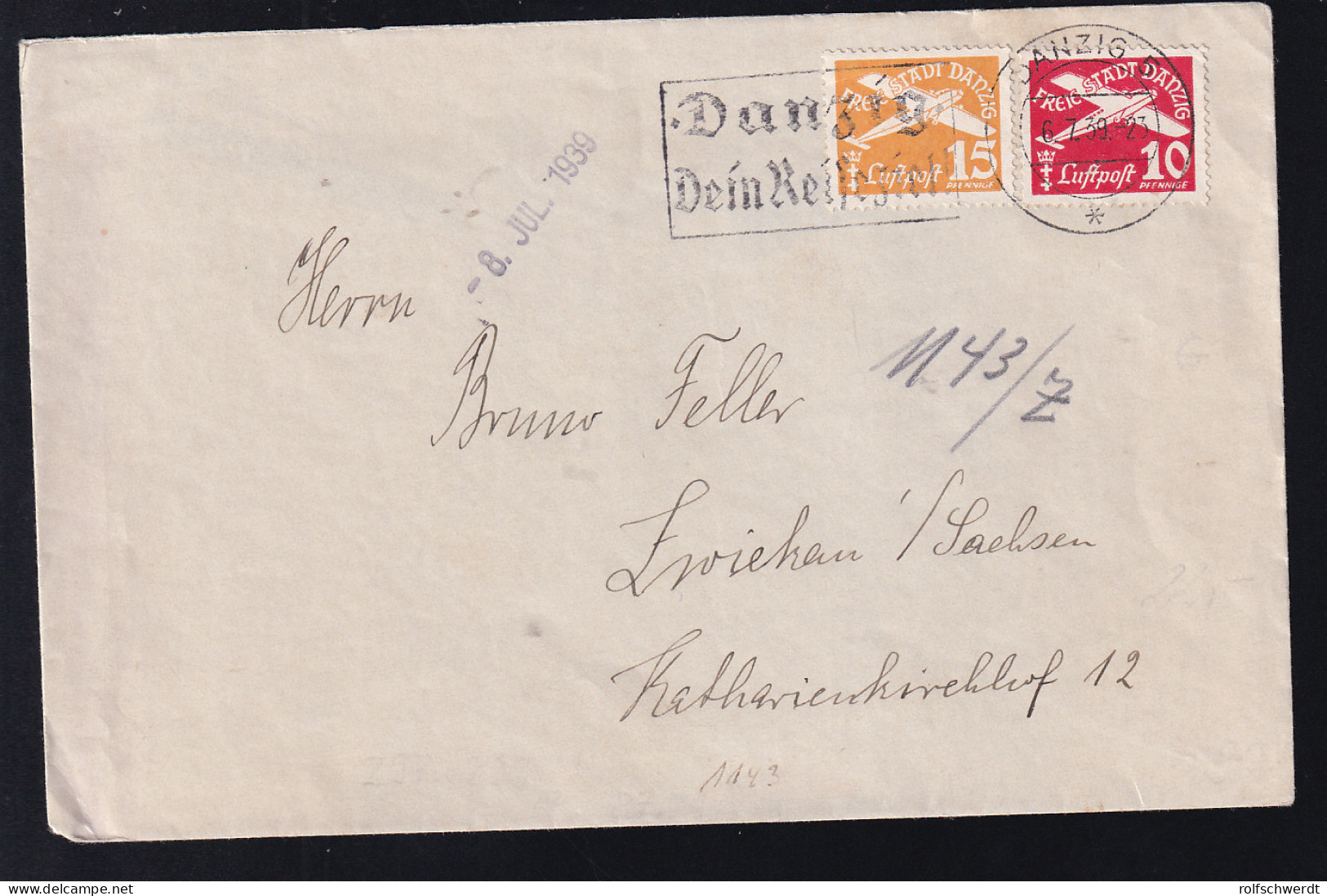 Flugpost 10 Pfg. Und 15 Pfg. Auf Brief Mit Stempel DANZIG  5 * 6.7.39 Danzig Dein Reiseziel! - Autres & Non Classés