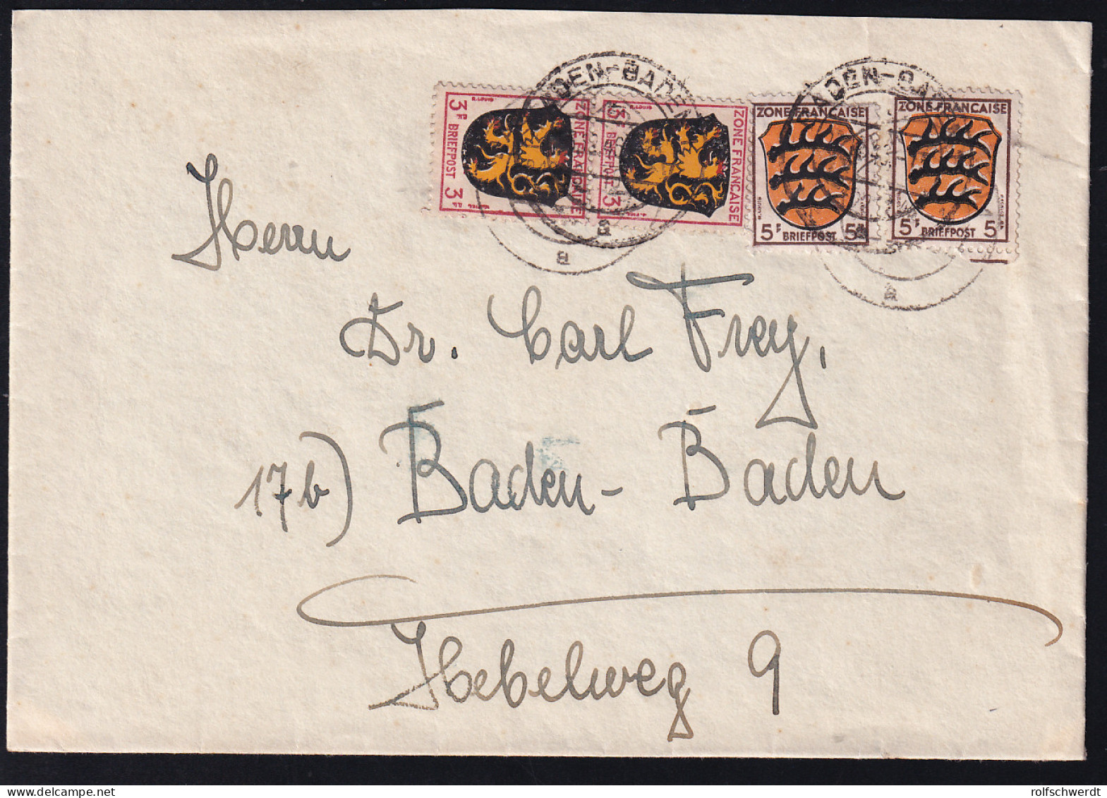 Wappen 3 Pfg. (senkr. Paar) Und 5 Pfg. (2x) Auf Brief Ab Baden-Baden 22.12.46 Nach Baden-Baden - Altri & Non Classificati