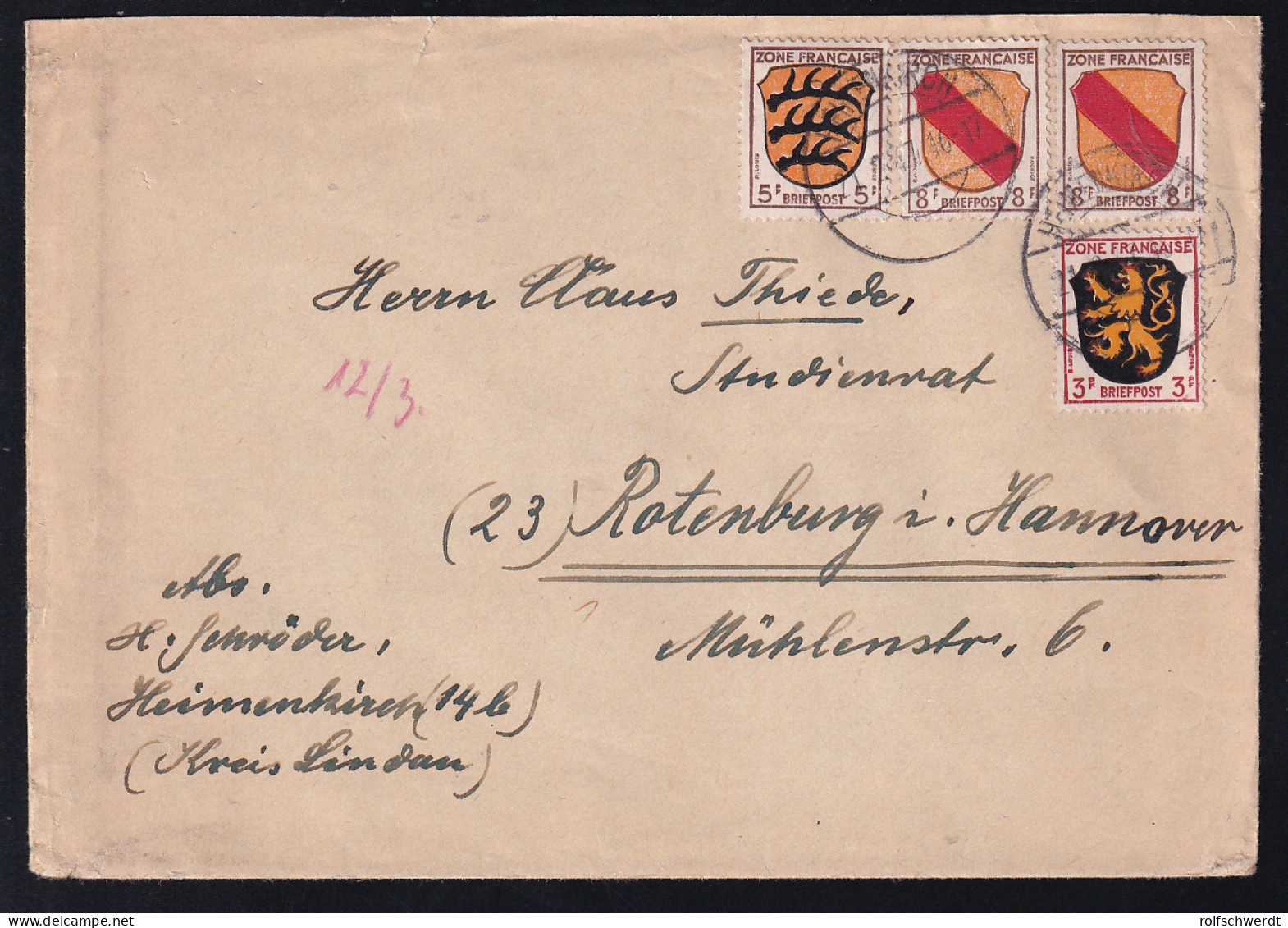 Wappen 3 Pfg., 5 Pfg. Und 8 Pfg. (2x) Auf Brief Ab Heimenkirch 21.2.47 Nach Rotenburg  - Sonstige & Ohne Zuordnung