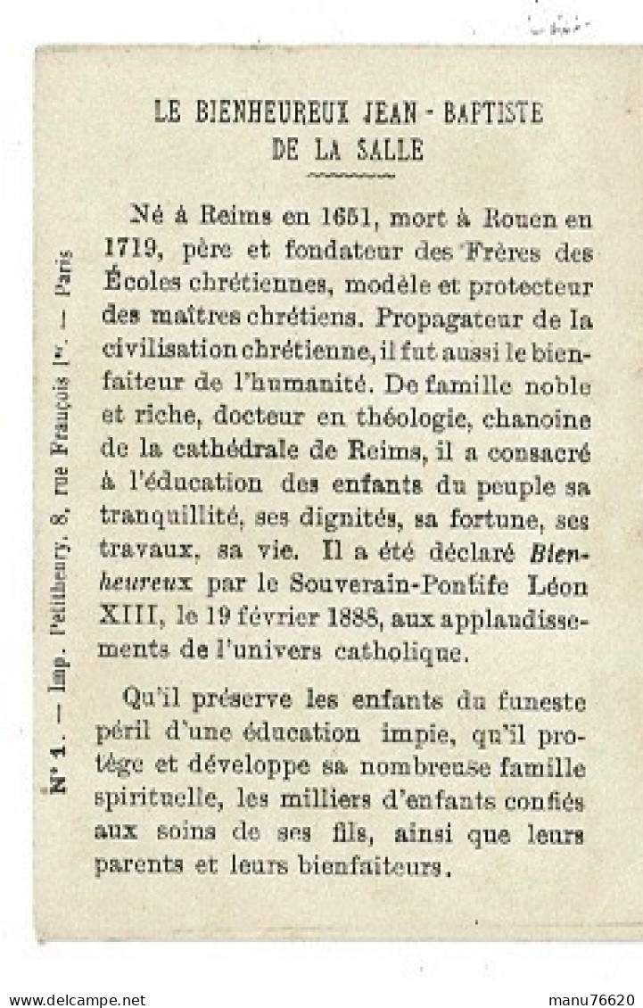 IMAGE RELIGIEUSE - CANIVET :  1 Portrait Du Bienheureux Jean Baptiste De La Salle , Imp. Petithenry - France . - Godsdienst & Esoterisme