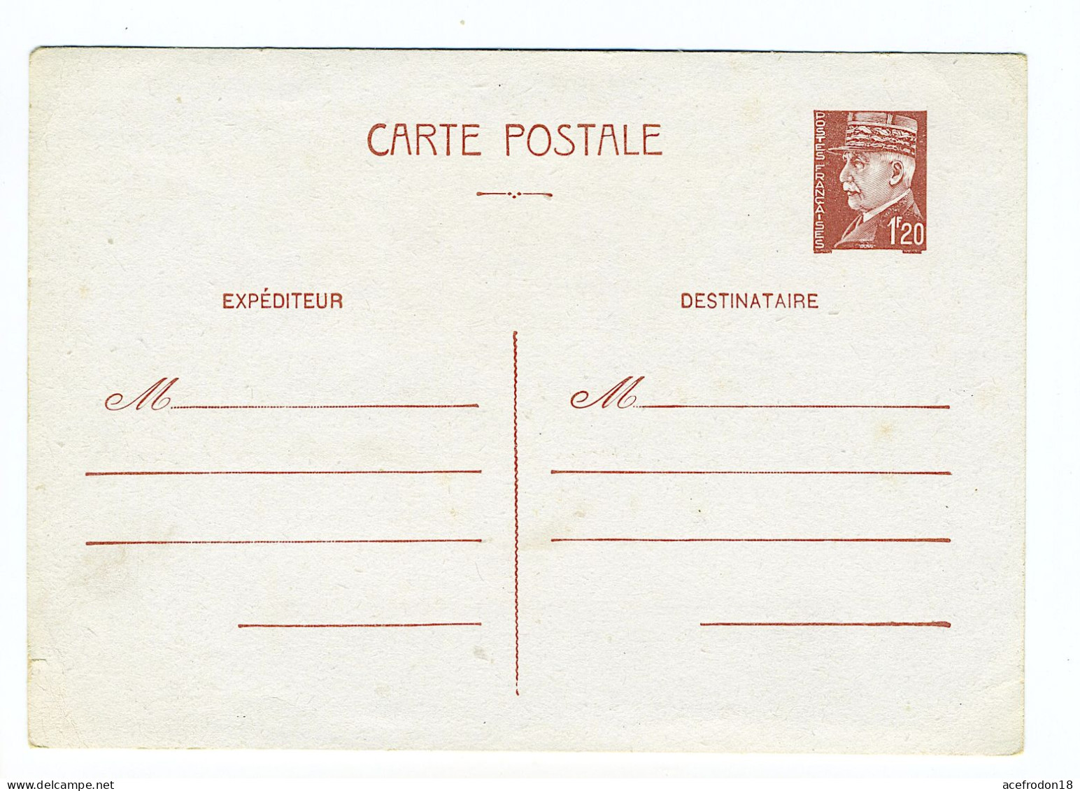 Entier Postal Pétain - 1,20f Marron - Dos Vierge - Postales Tipos Y (antes De 1995)