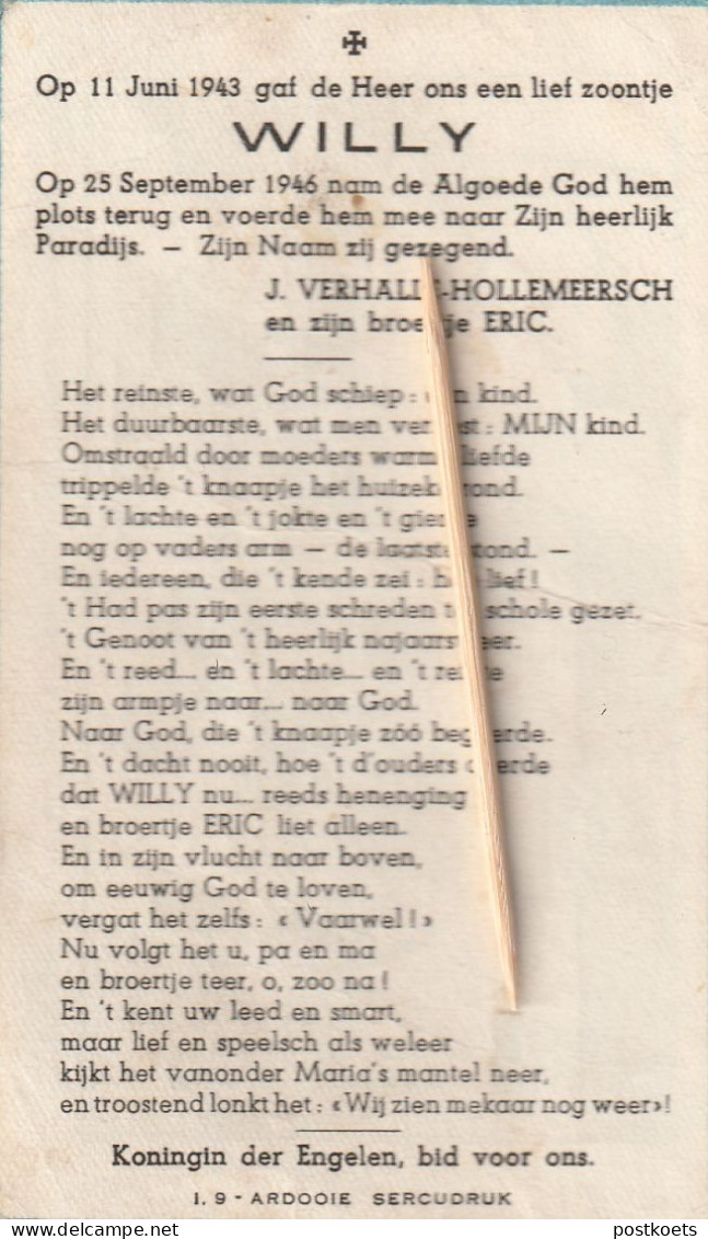 Kind, Enfant, Child,  Girl , Willy Verhalle-Hollemeersch, Ardooie, 1946 - Devotieprenten