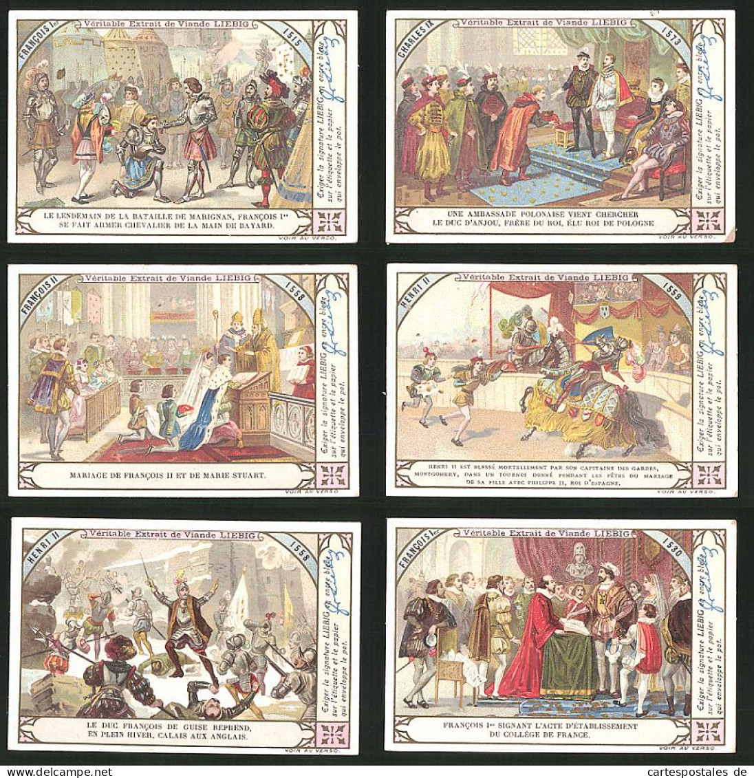 6 Sammelbilder Liebig, Serie Nr.: 646, Francois Ier, Henri II, Charles IX  - Liebig