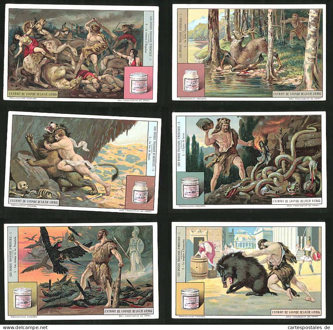 6 Sammelbilder Liebig, Serie Nr.: 1206, Les Douze Travaux D'Hercule, Herkules Kämpft Gegen Löwe, Wildschwein & Hydra  - Liebig
