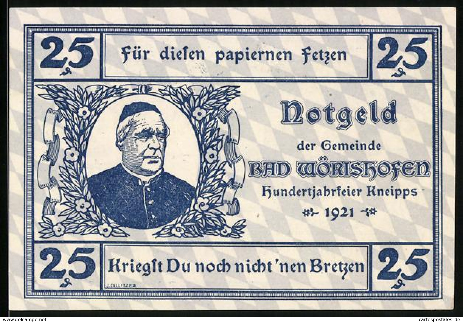 Notgeld Bad Wörishofen 1921, 25 Pfennig, Kirche Und Portrait Kneipps  - [11] Local Banknote Issues