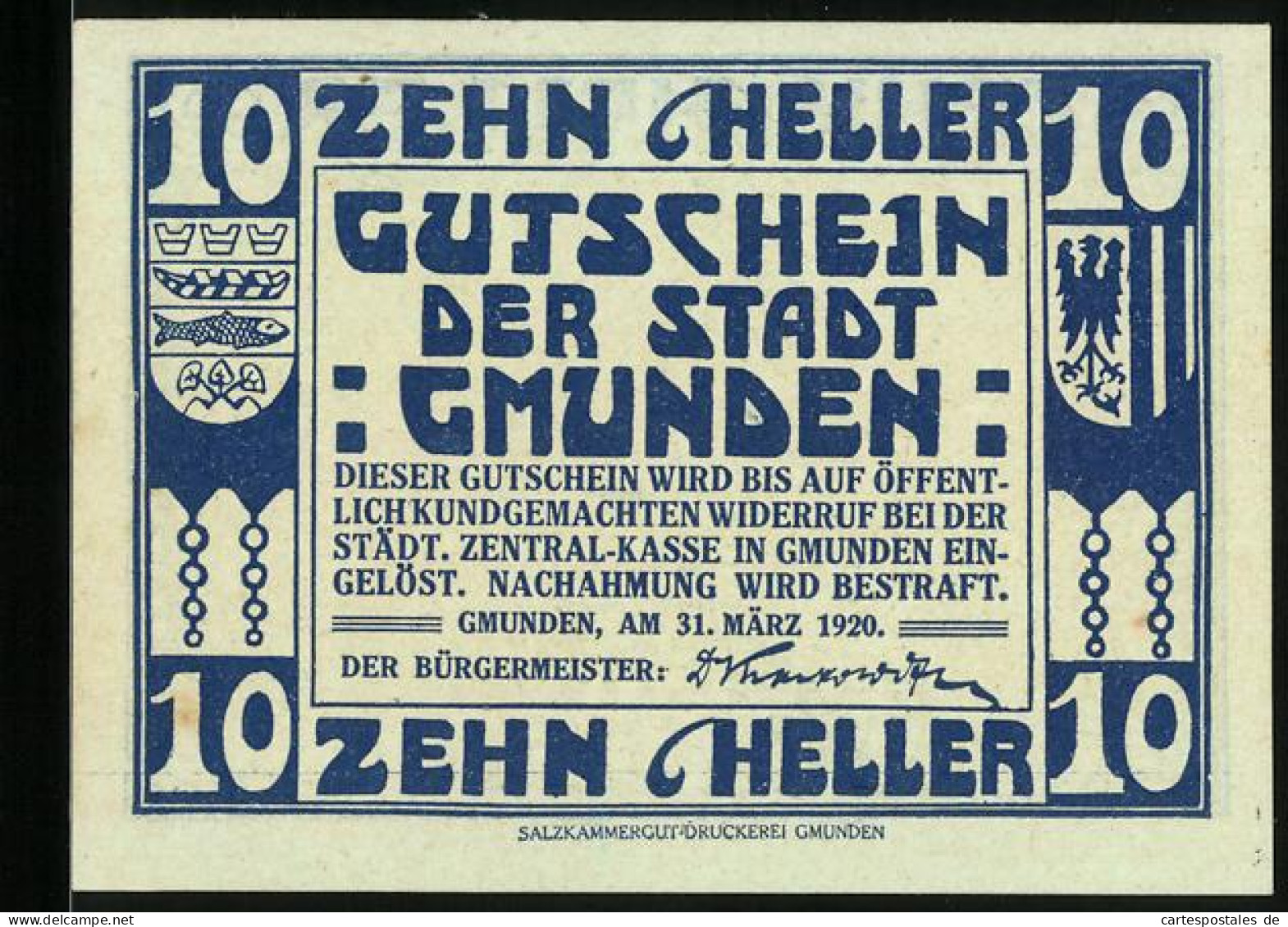 Notgeld Gmunden 1920, 10 Heller, Segelboot Auf Dem Wasser  - Austria
