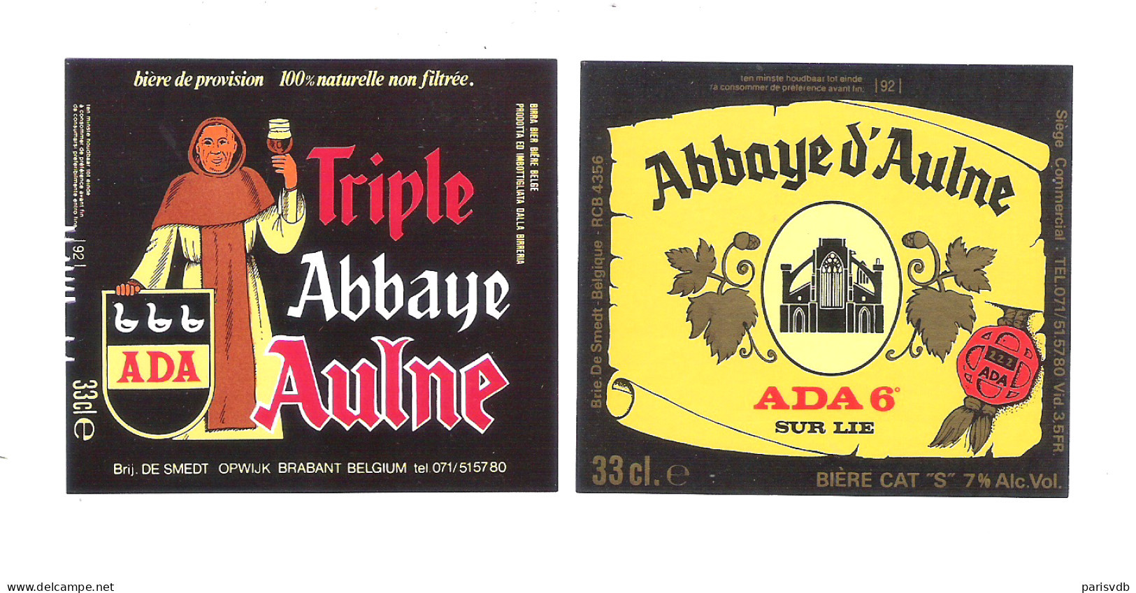 BROUWERIJ DE SMEDT - OPWIJK - ABBAYE D'AULNE - ADA TRIPLE - ADA 6° SUR LIE  - 2 BIERETIKETTEN  (BE 091) - Bière