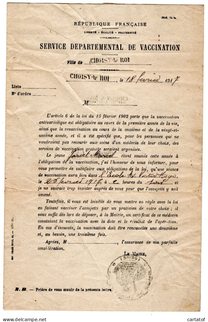 Lettre Convocation ; Service Départemental De Vaccination De CHOISY LE ROI .1917 . À Mr JARDET . - Unclassified