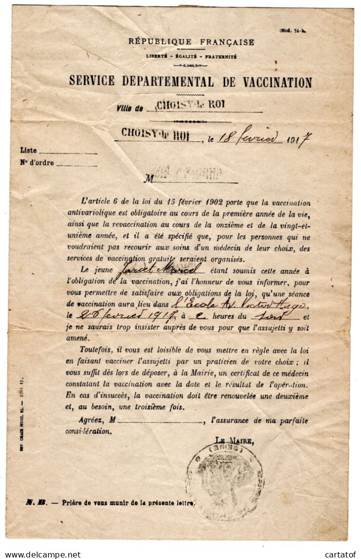 Lettre Convocation ; Service Départemental De Vaccination De CHOISY LE ROI .1917 . À Mr JARDET . - Zonder Classificatie