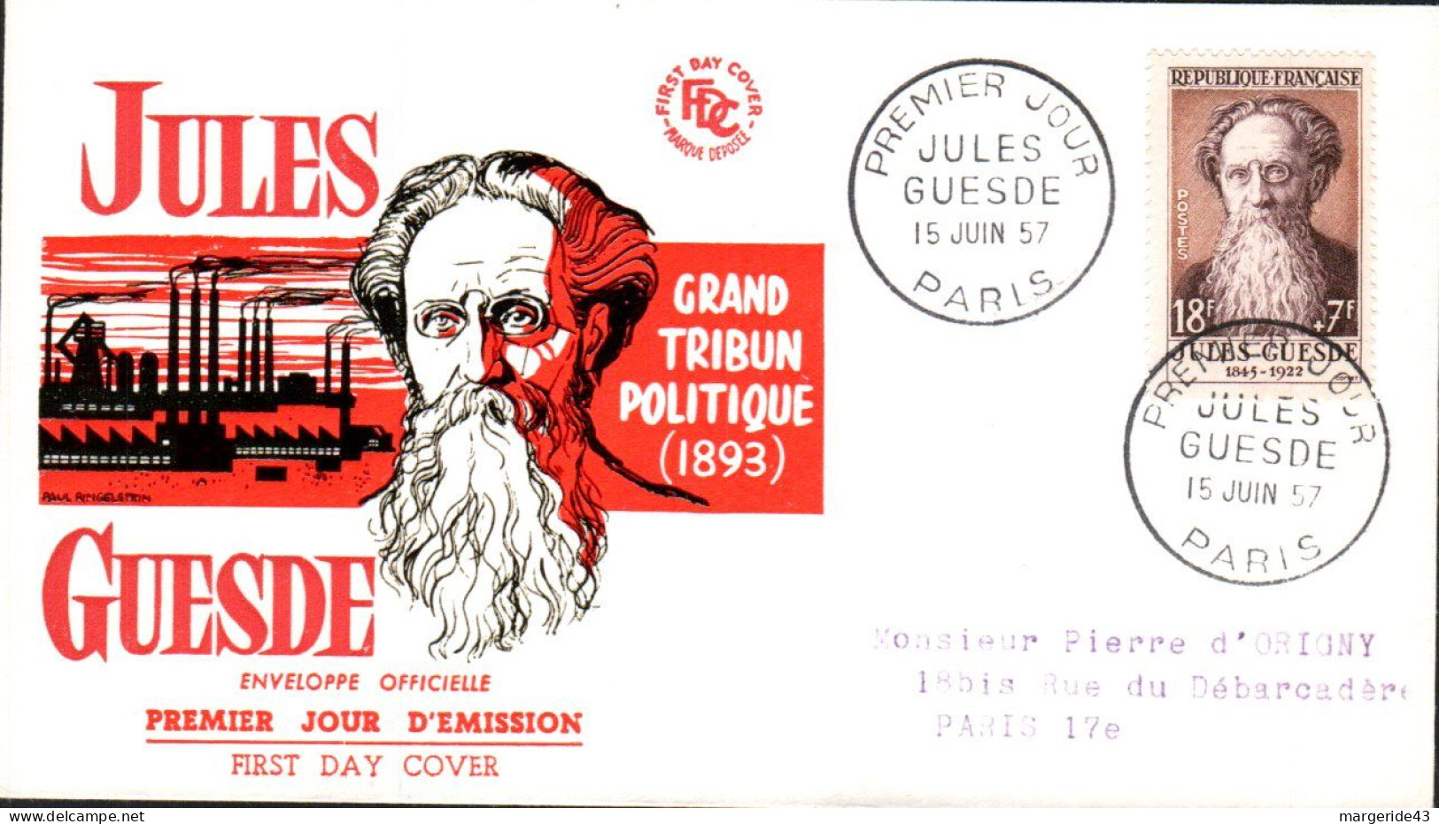 LETTRE FDC 1957 JULES GUESDE - 1950-1959