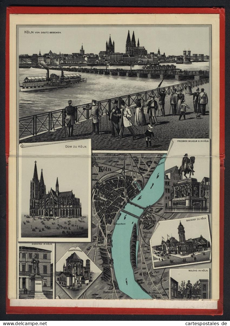 Leporello-Album 16 Lithographie-Ansichten Köln-Mainz Rhein-Panorama, Köln Bahnhof, Neuwied, Eltville, Theater Mainz,  - Lithografieën