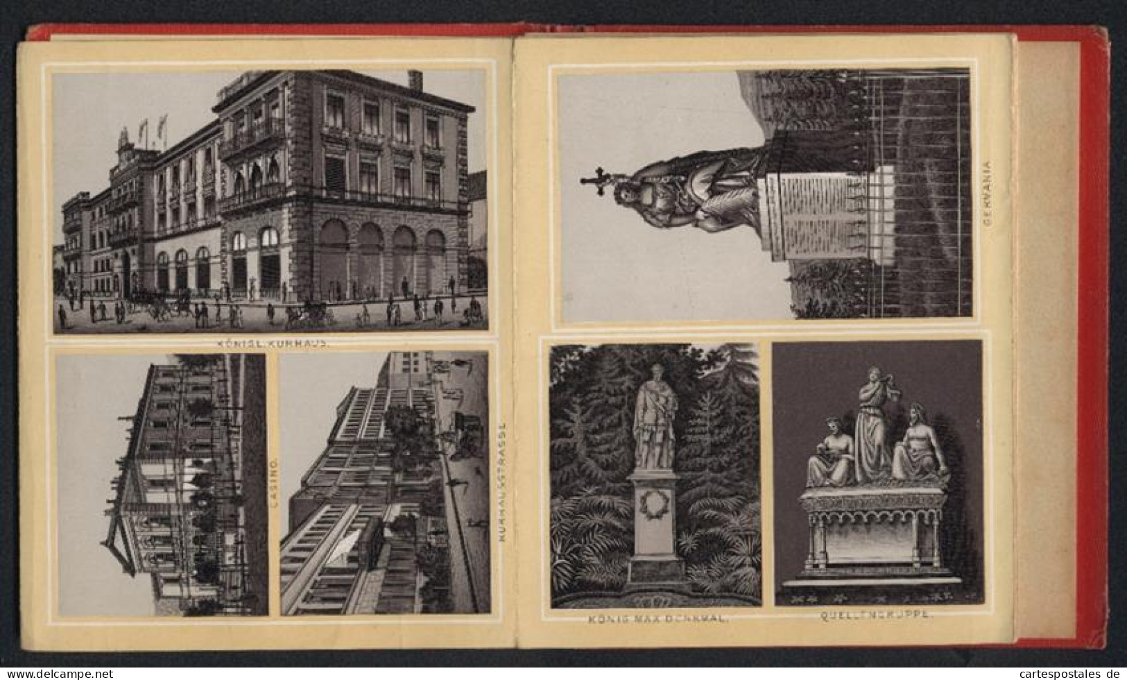 Leporello-Album 27 Lithographie-Ansichten Kissingen, Bahnhof, Rakoczy-Brunnen, Casino, Bismarck Wohnung, Saline, Bockl  - Litografia