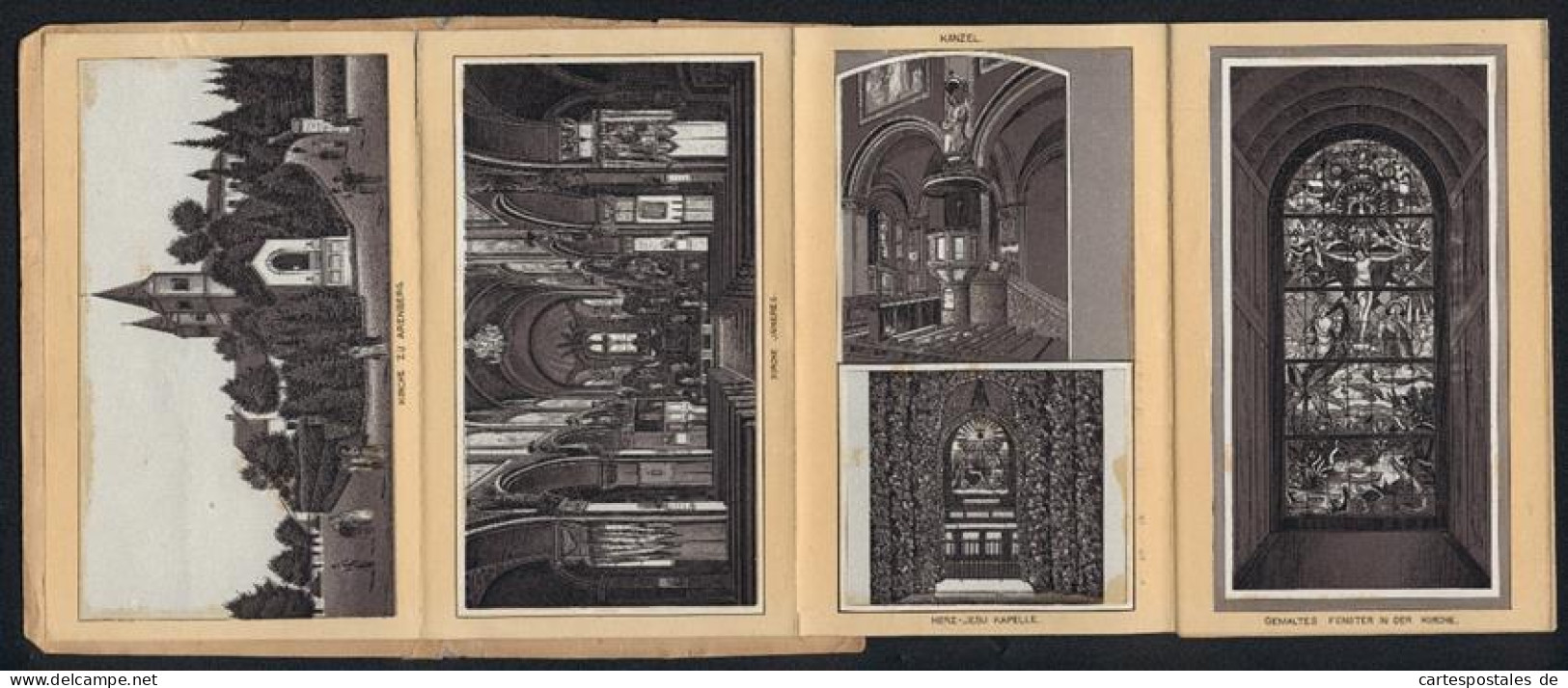 Leporello-Album 13 Lithographie-Ansichten Arenberg, Herz-Jesu Kapelle, Tempel, Lourdesgrotte, Kirchen Inneres  - Lithographies