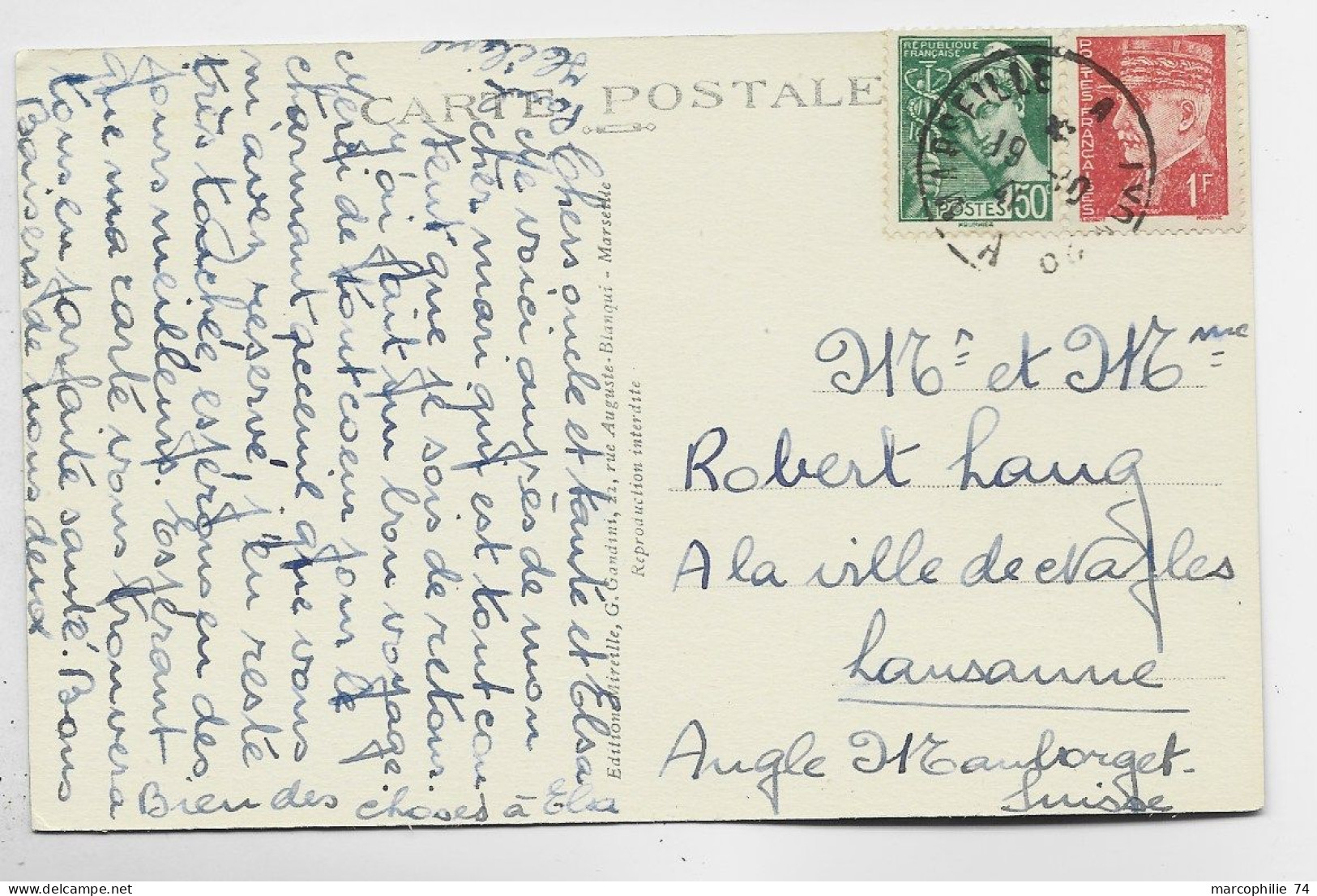 FRANCE MERCURE 50C VERT +1FR PETAIN CARTE AMBULANT MARSEILLE A LYON A 19.10.41  POUR SUISSE AU TARIF - 1938-42 Mercure