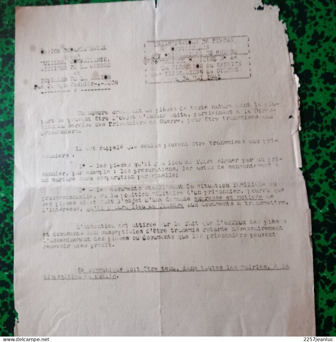 Doc N: 46 De La Direction Des Prisonniers De Guerre Du 24 Mai 1941 - Décrets & Lois