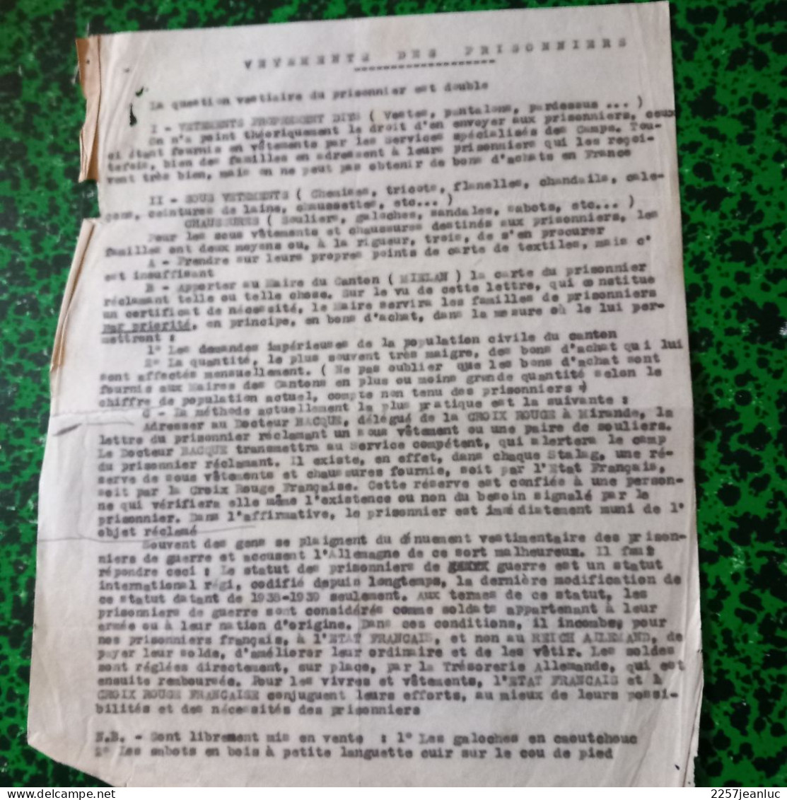Doc Vêtements Des Prisonniers   De Guerre En  1941/1942 - Decrees & Laws